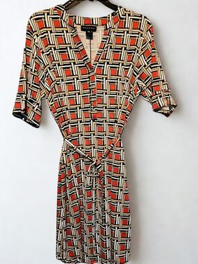 Retro Chic Geometric Print Shirt Dress - Red, Black, Khaki -SZ14W